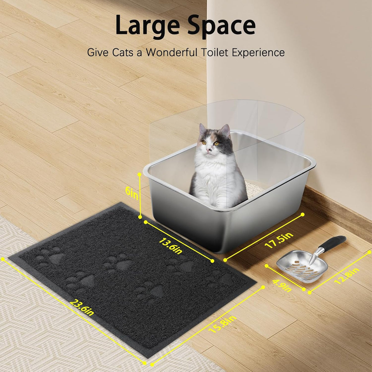 Rypet 2 Set Large Stainless Steel Cat Litter Boxes with Splash Guard Kit