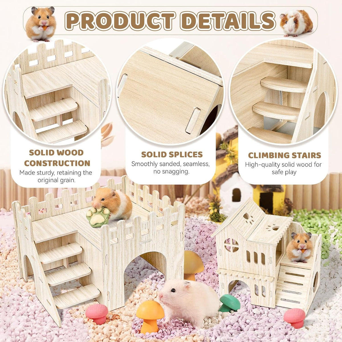 Wooden Hamster Hideout, Hamster Houses and Hideouts with Climbing Ladder, Hamster Maze Hamster Accessories for Bigger Syrian Hamsters and Small Animals