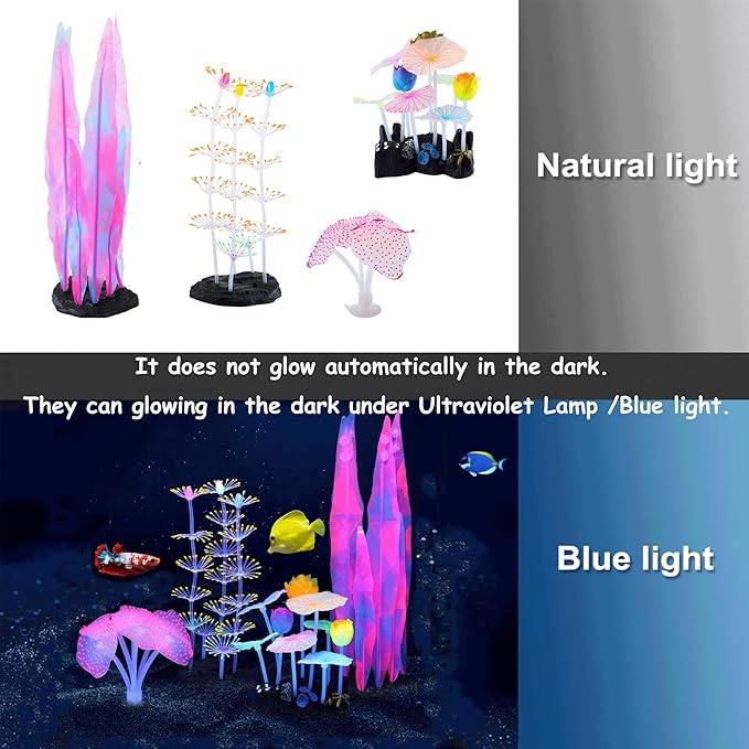 Lpraer 4 Pack Glow Aquarium Decorations Coral Anemone Lotus Leaf Seaweed - Image 3
