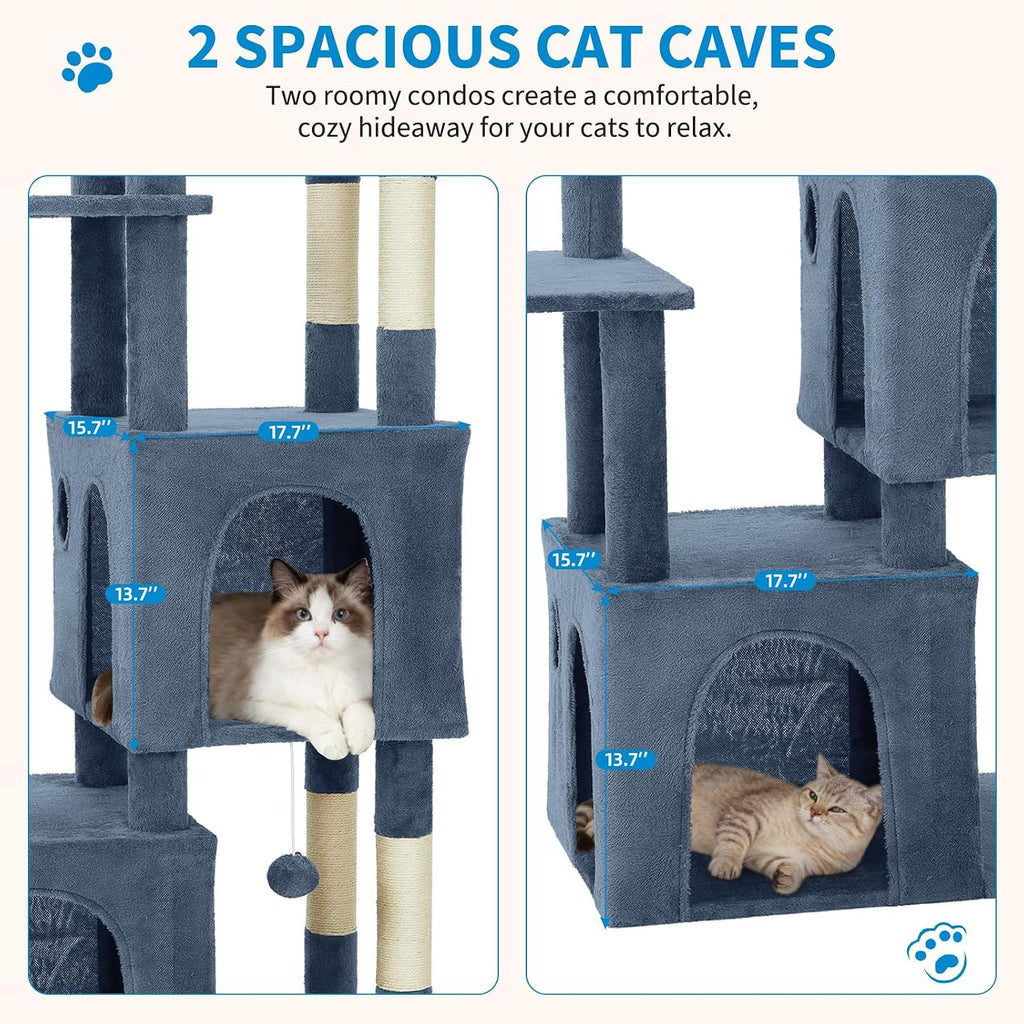 61" Heavy-Duty Multi-Level Cat Tree Tower for Large Cats – Jumbo Perch, Dual Spacious Condos, Robust Sisal Scratching Posts, Play Toys, Stable Modern Cat Activity Center for Maine Coons