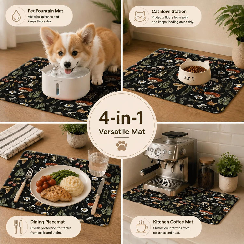 Diatomite Pet Feeding Mat, Absorbent PU Leather Dog Cat Bowl Mat for Smart Fountains Messy Drinkers, Non-Slip Multi-Layer Floor Protector,20x12in(Mushroom Forest Pattern)