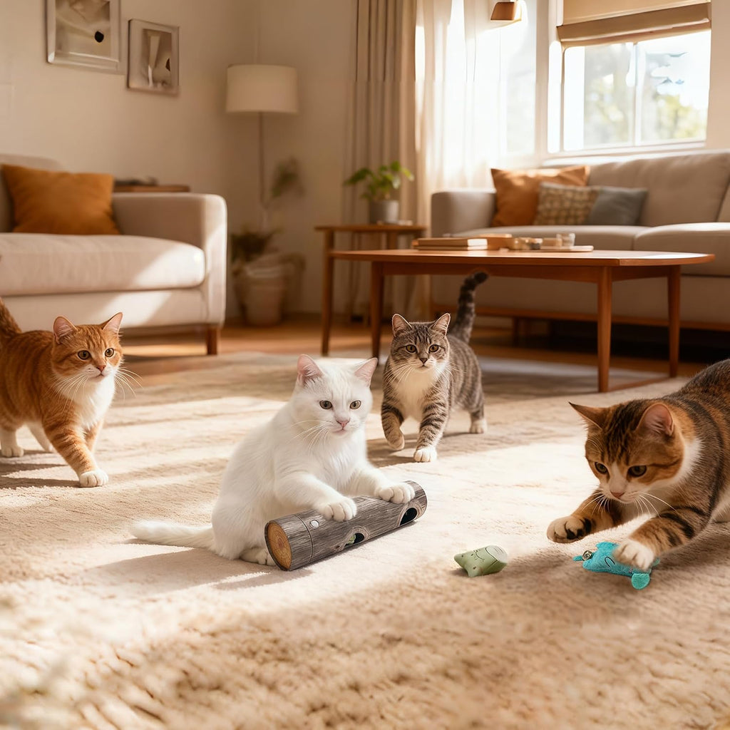 Interactive Cat Toy - 6-Hole Roller Box with 3D Pressure-Resistant Paper, Mental Stimulation & Anxiety Relief, Includes Catnip Plush & Bell, Solo Play for Indoor Cats