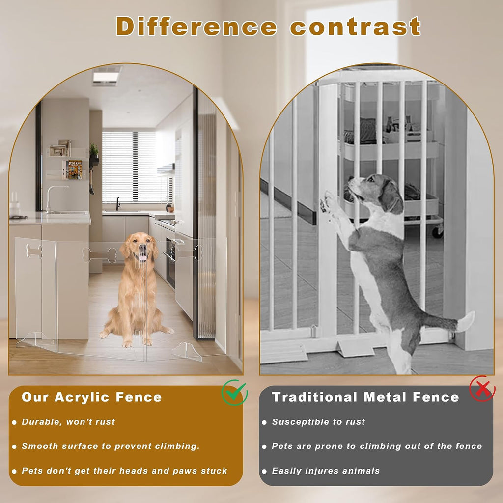 Clear Acrylic Dog Gate, 4 Panel 96" W x 31.5" H, Transparent Freestanding Pet Playpen Indoor, Foldable Pet Fence Barrier for Doorway with Handle/Support Feet
