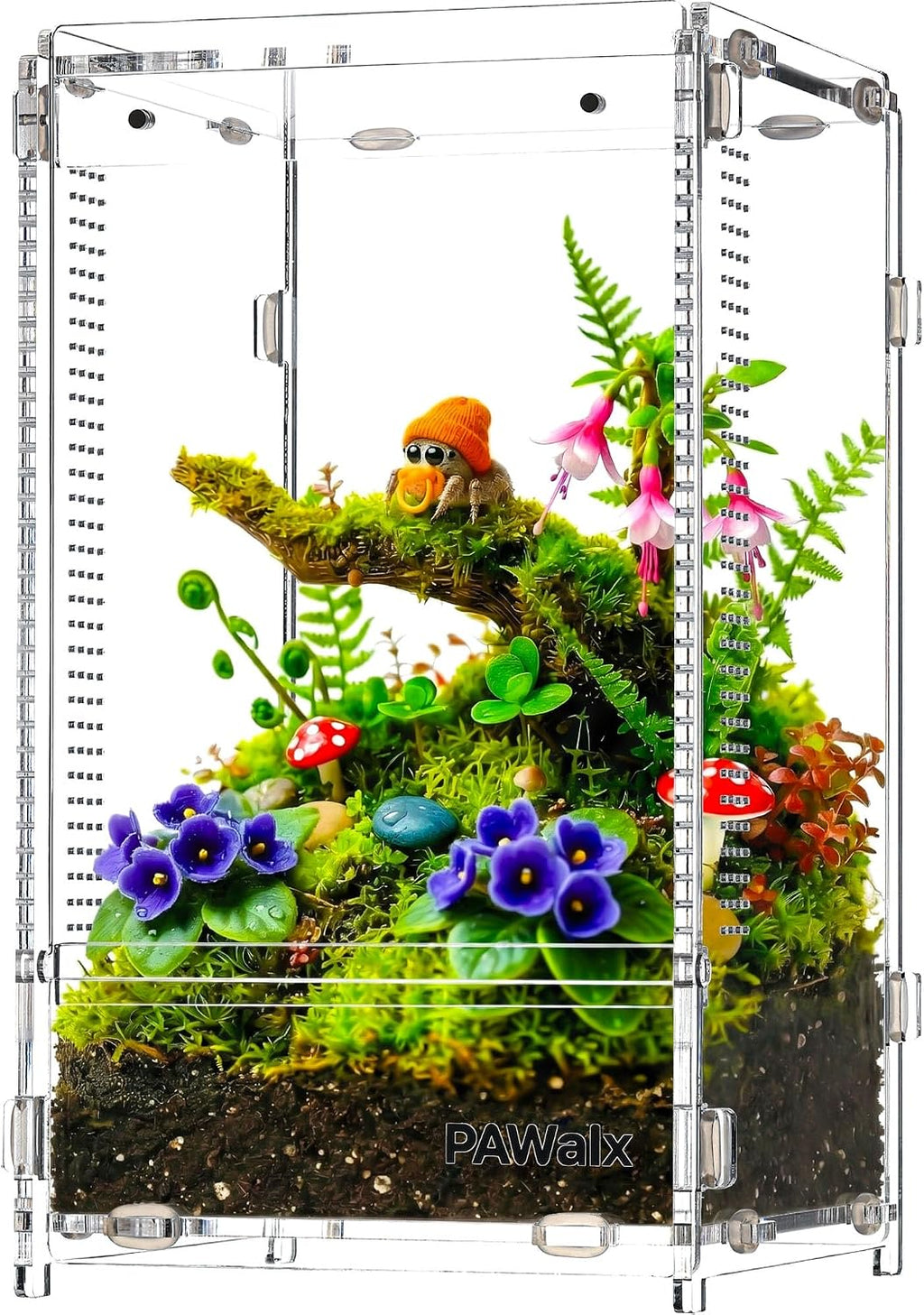 Jumping Spider Enclosure, Acrylic Terrarium with with Magnetic Doors, 0.8mm Micro-Ventilation, Stackable Escape-Proof Habitat for Jumping Spiders, Tarantulas & Small Reptiles, 4.7"x4.7"x8"