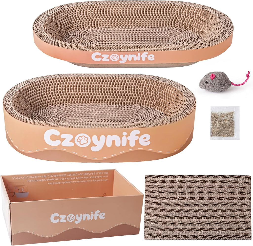3PCS Cat Scratcher Bed, Oval Cat Scratcher Pad Bowl Nest for Indoor Cats, Round Cat Scratching Cardboard, Furniture Protector for Couch, for Kittens (Brown, 15.7 * 10 in)