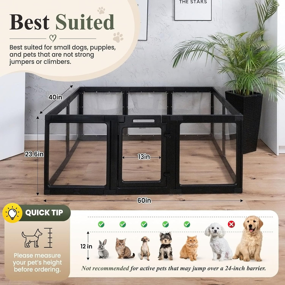 Transparent Indoor Dog Playpen with Safety Lock, Indoor Dog Fence for Small & Medium Pets | Secure, Stylish, Easy Clean Play Pen for Dogs & Pets with Scratch Resistant Panels (24''H,Black, 10 Panel)