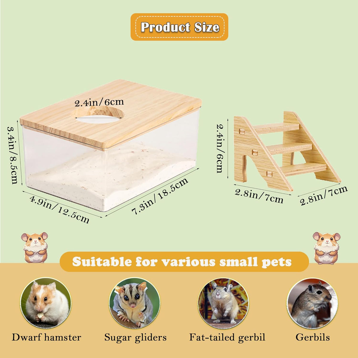Transparent Hamster Sand Bath Box with Ladder Acrylic Dust Bath Digging Box and Hideout Clear Small Pet Bathroom for Hamsters Gerbils