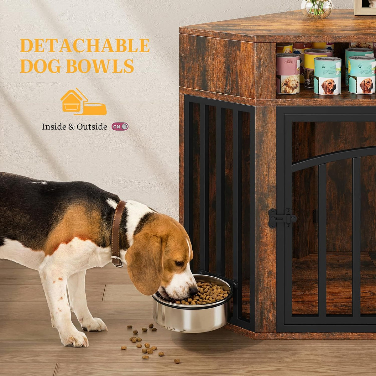DWVO 52" Corner Dog Crate with Bowl & LED Light & Power Outlets