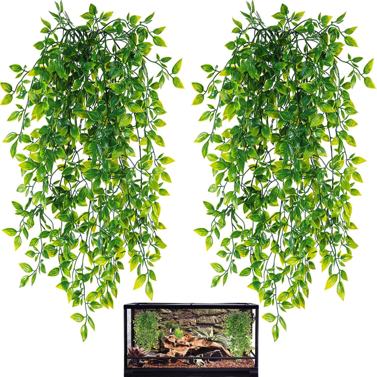 HERCOCCI Reptile Plants, 4 Pack Terrarium Hanging Plants Vines Artificial Leaves Habitat Decorations with Suction Cup for Bearded Dragon Hermit Crab Lizard Snake Geckos Chameleon
