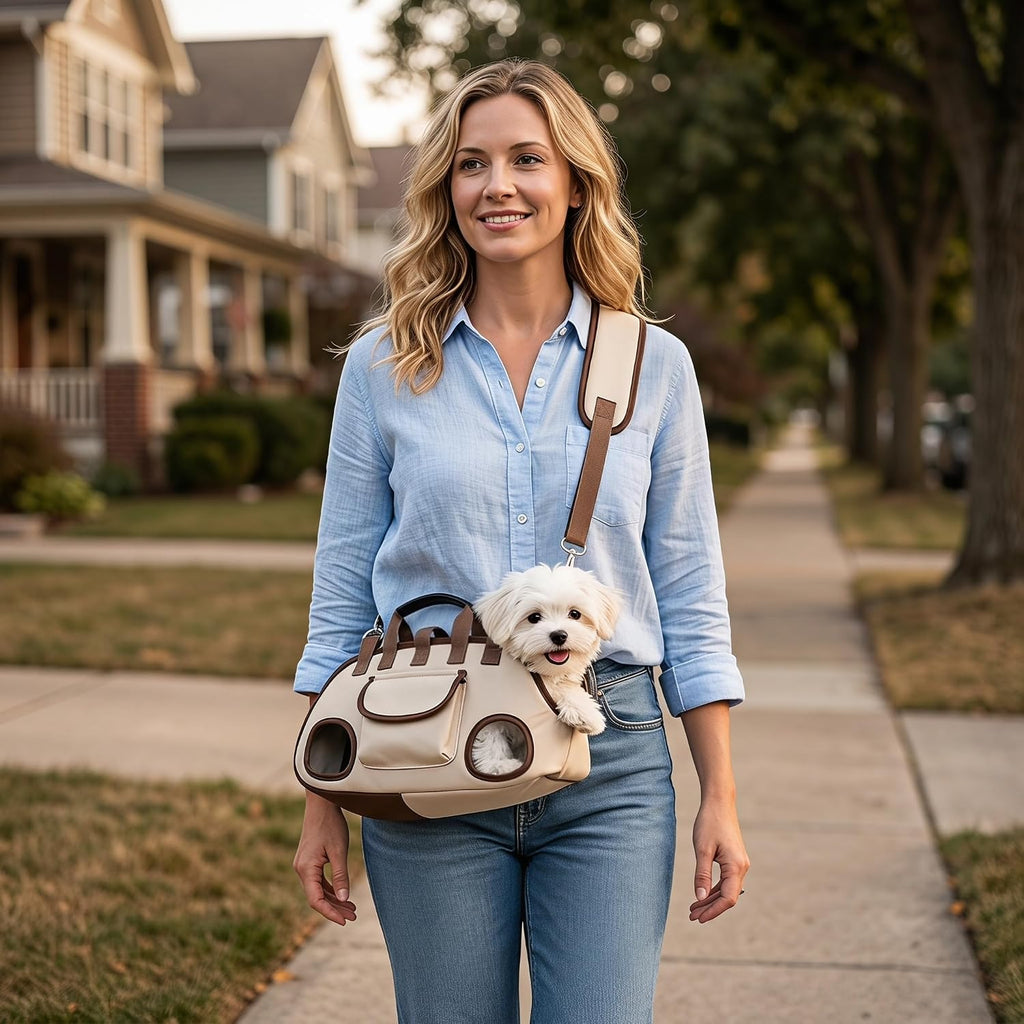 Dog Carrier Sling, Puppy Sling Carrier for Medium Dogs & Cats, Breathable Mesh Pet Shoulder Bag with Adjustable Strap & Pockets, for Outdoor Walking Travel (Beige, M)