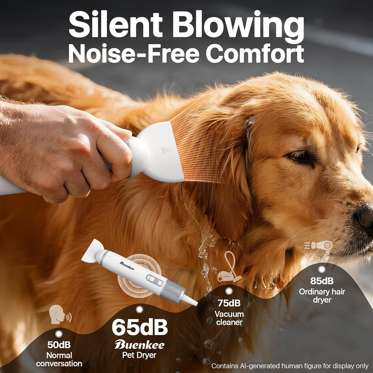 Buenkee Handheld Dog Dryer, 3HP High-Velocity Pet Hair Blower, White