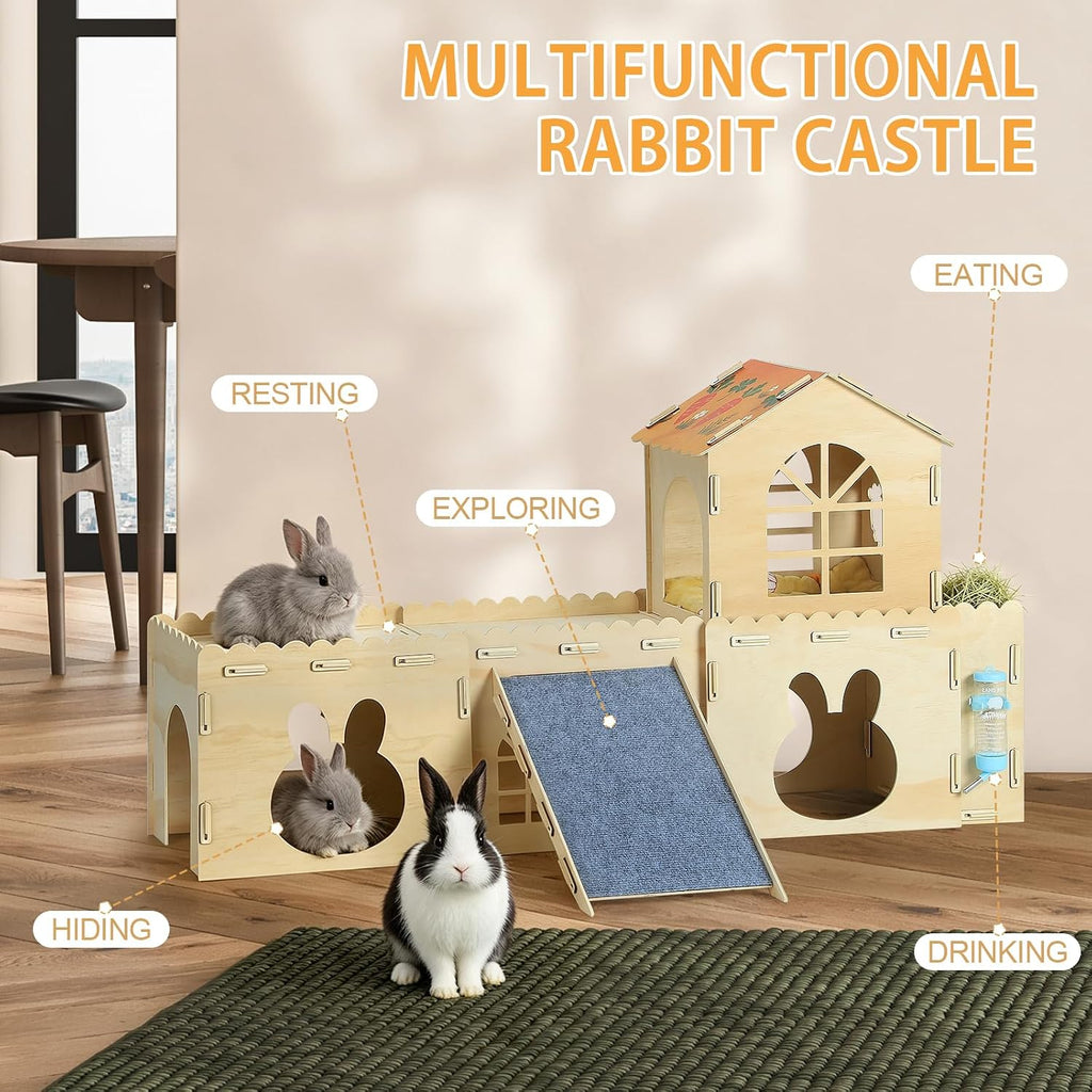 Rabbit Castle Wooden Bunny House,2-Level Small Animal Habitat with 4 Houses,Ramp,Mat,Hay Feeder,Indoor Hideout for Rabbits,Guinea Pigs & Chinchillas (43.3"x11.4"x24")