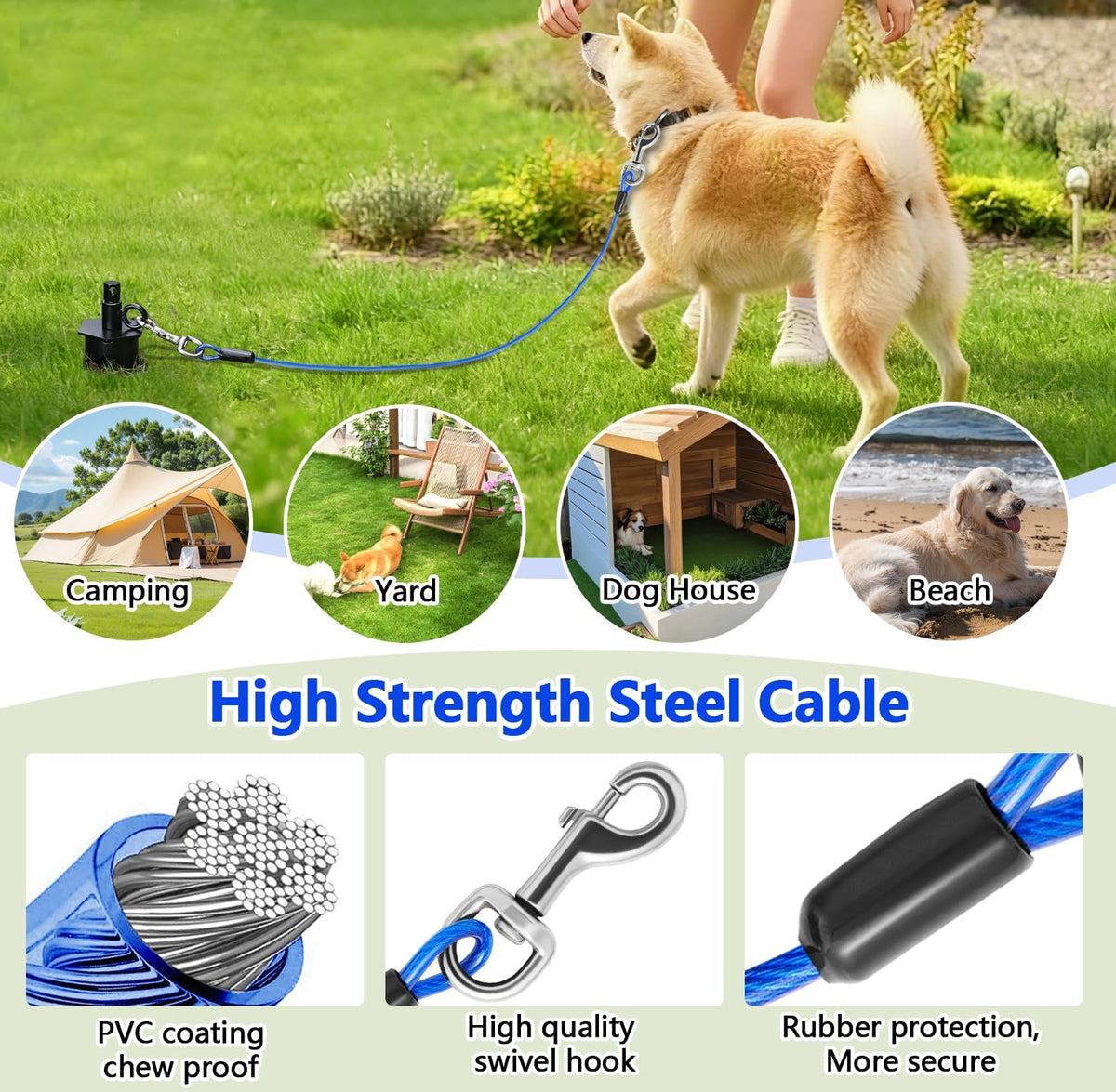 Dog Tie Out Cable&Stake,30FT Dog Leads for Yard,Heavy Duty Ground Anchor