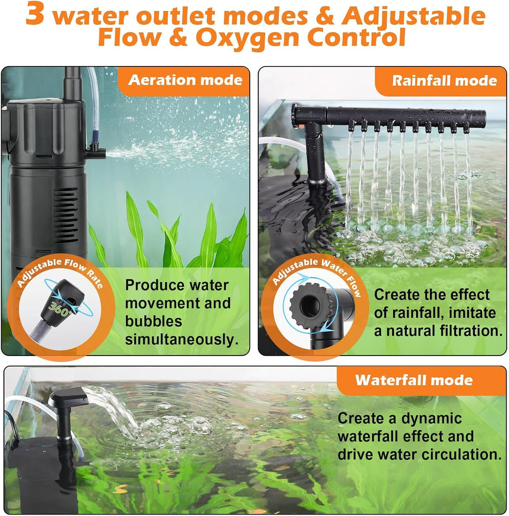 hygger Aquarium Internal Filter, Flow Rate Adjustable 4 in 1 Submersible Fish Tank Filter with Aeration System,Filtration/Oxygenation/Waveker/Circulation (for 5-15 Gallon Tank)