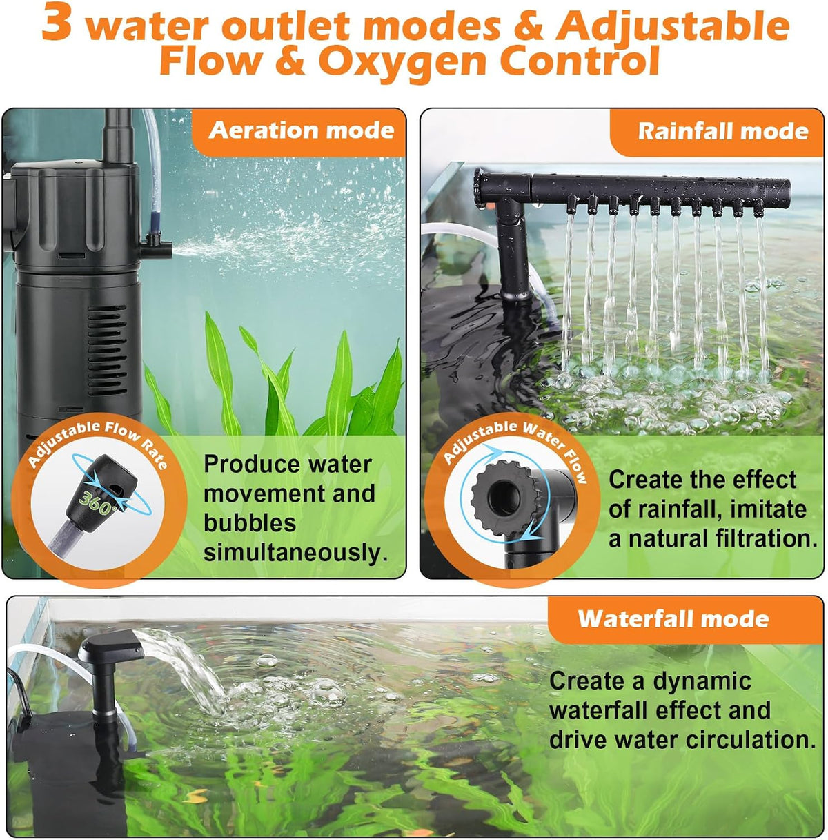 hygger Aquarium Internal Filter, Flow Rate Adjustable 4 in 1 Submersible Fish Tank Filter with Aeration System,Filtration/Oxygenation/Waveker/Circulation (for 5-15 Gallon Tank)