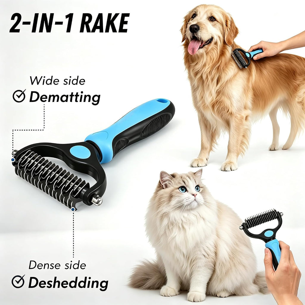Dog Deshedding Rake for Shedding, Double-Sided Grooming Tool for Dogs & Cats, Gentle Skin-Friendly Pet Brush for Long and Short Hair Breeds, Removes Loose Hair and Keeps Coats Healthy (Brush & Comb)
