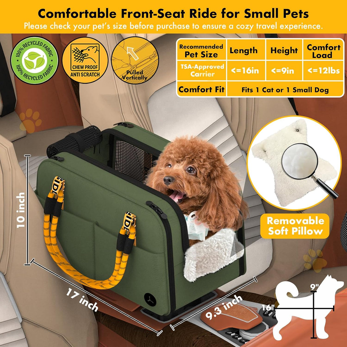 PAWZIDEA Center Console Dog Car Seat, Secure Straps & Anti Slip, Up to 12lb