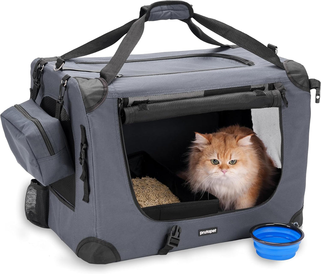 Prutapet Large Cat Carrier 24"x16.5"x16.5" Portable Dog Crate for Small Medium Dogs Collapsible Traveling Pet Crate with Collapsible Bowl