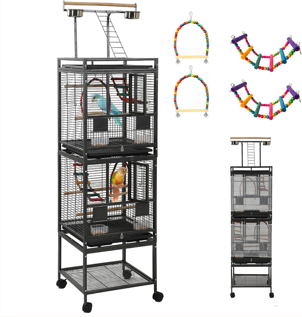 68" Double Bird Cage,Stackable Divided Parakeet Cage, Parrot Cages for Medium Birds with Bird cage Toys,Birdcage Seed Catcher,for Cockatiels Canaries Lovebirds Finches Budgies Small Parrots