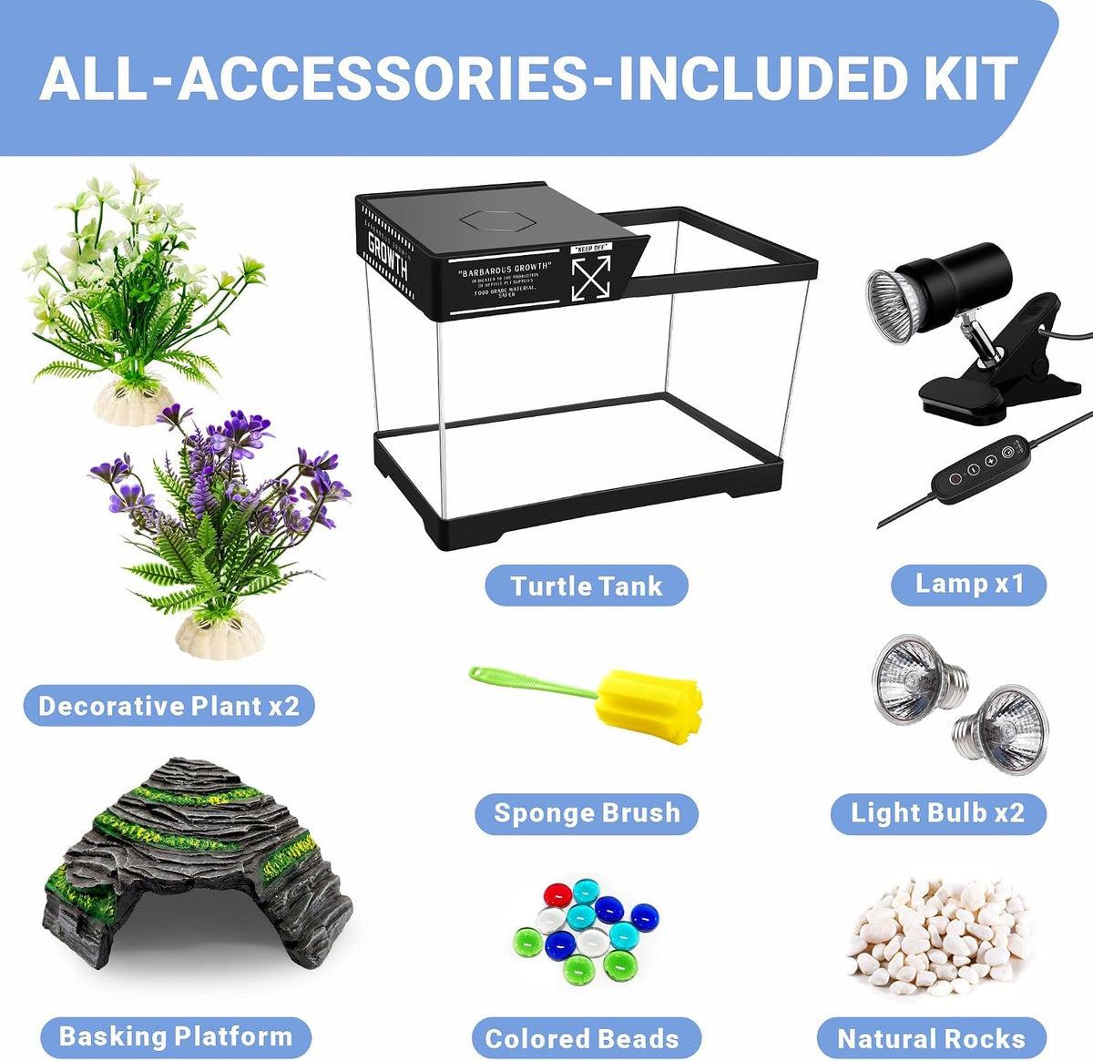 GOZILLA Mini Turtle Tank Kit with Adjustable Lamp, Upgrade PC Hermit Crab Tank, Small Turtle Starter Kit with Lid, Resin Hideout for Baby Turtles and Crabs (11.8×7.24×7.1''/Black Kit)