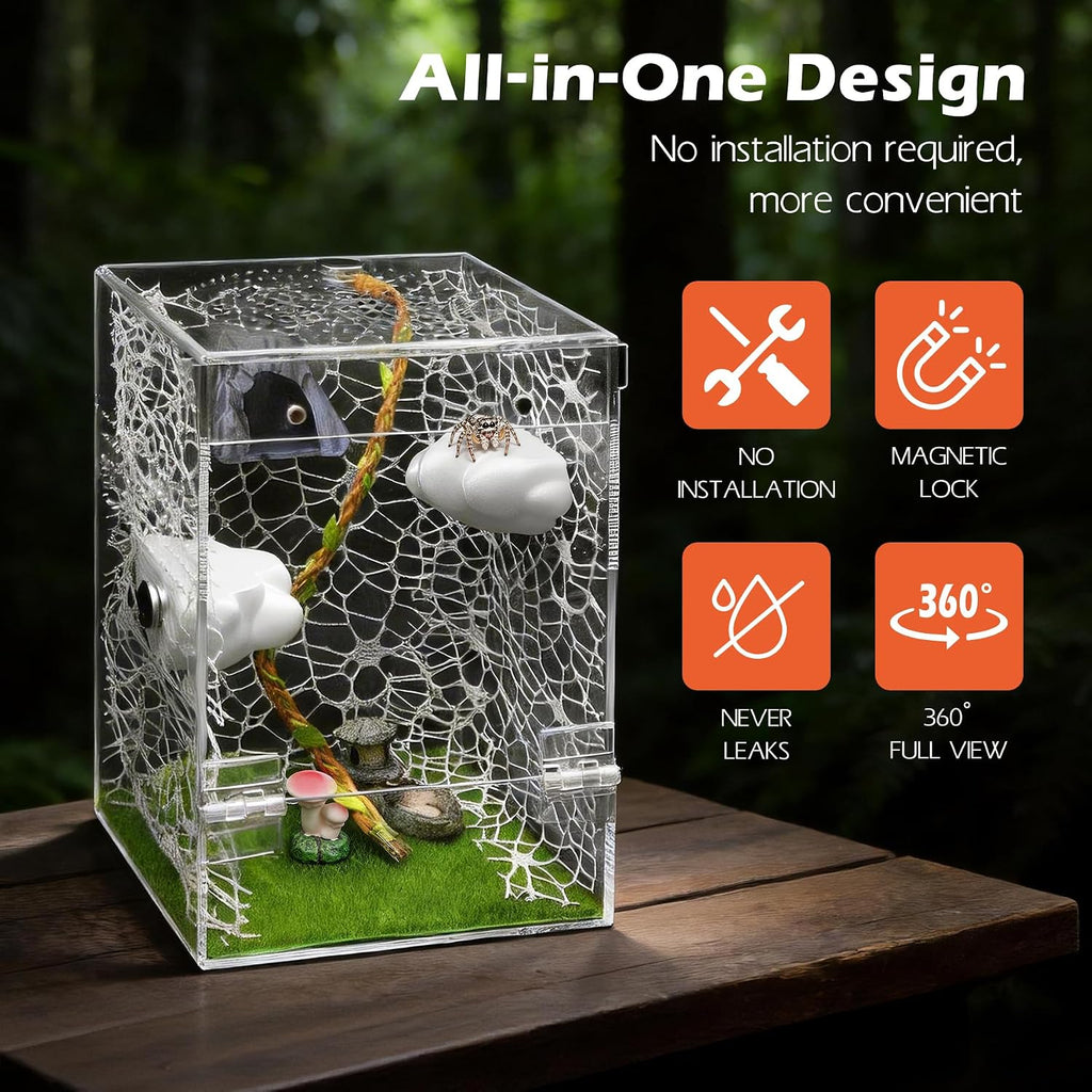 AZV Jumping Spider Enclosure Kit,Pre-Assembled 5 x 5 x 8 in Acrylic Habitat
