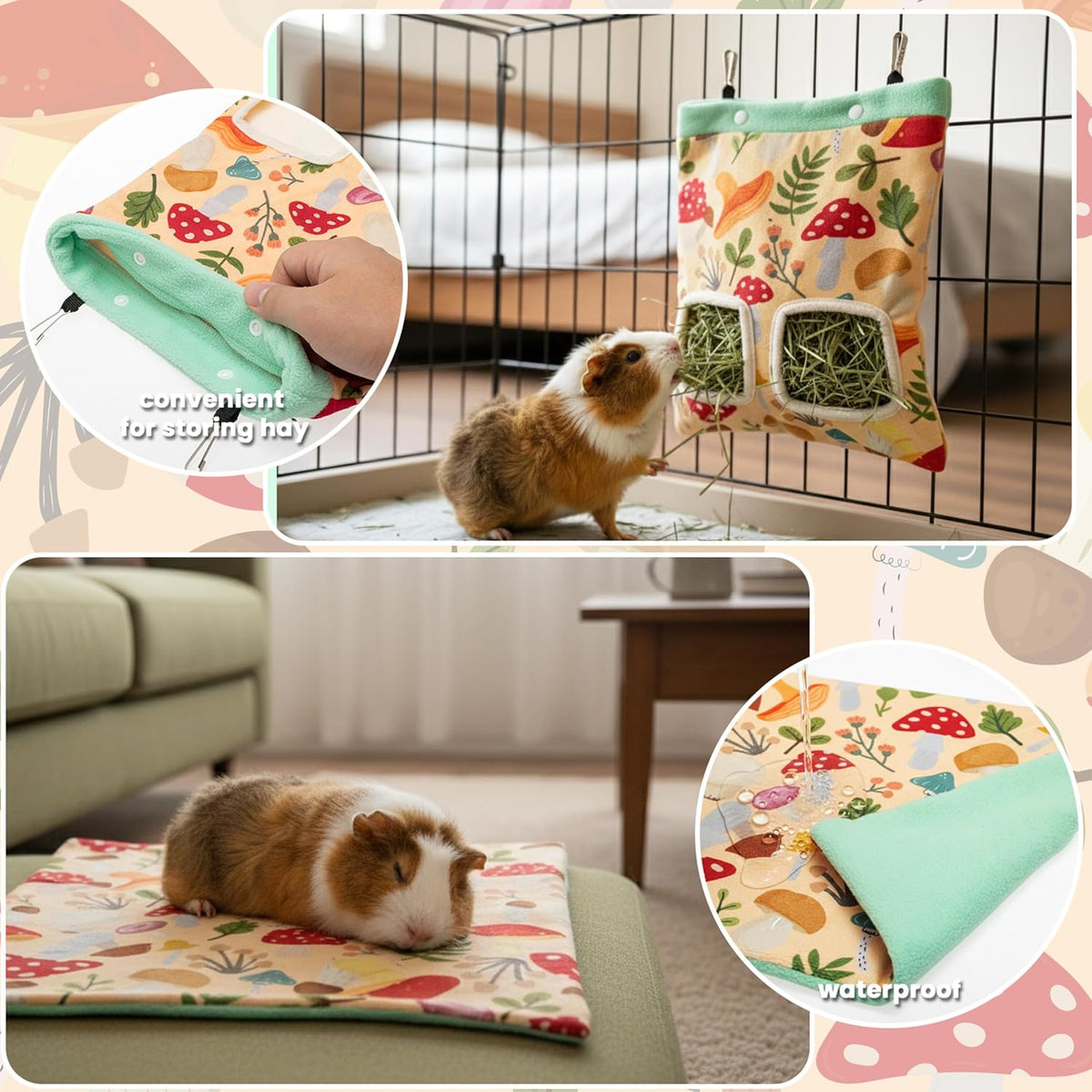 Guinea Pig Hideout Set (4-Pack), Tunnel, Corner Hide, Hay Bag & Mat