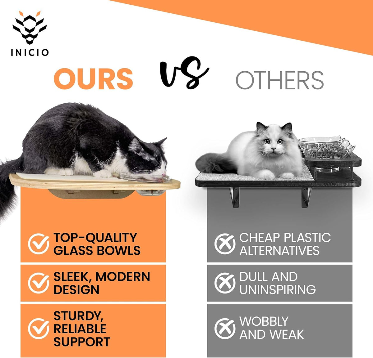 INICO Cat Wall Shelves and Feeding Shelf Bundle - Wall Mounted Cat Furniture with Climbing Shelves and Pet Feeder – Durable and Easy to Install Birch Pet Stairs for Up to 15lbs Cats - Wood Brown