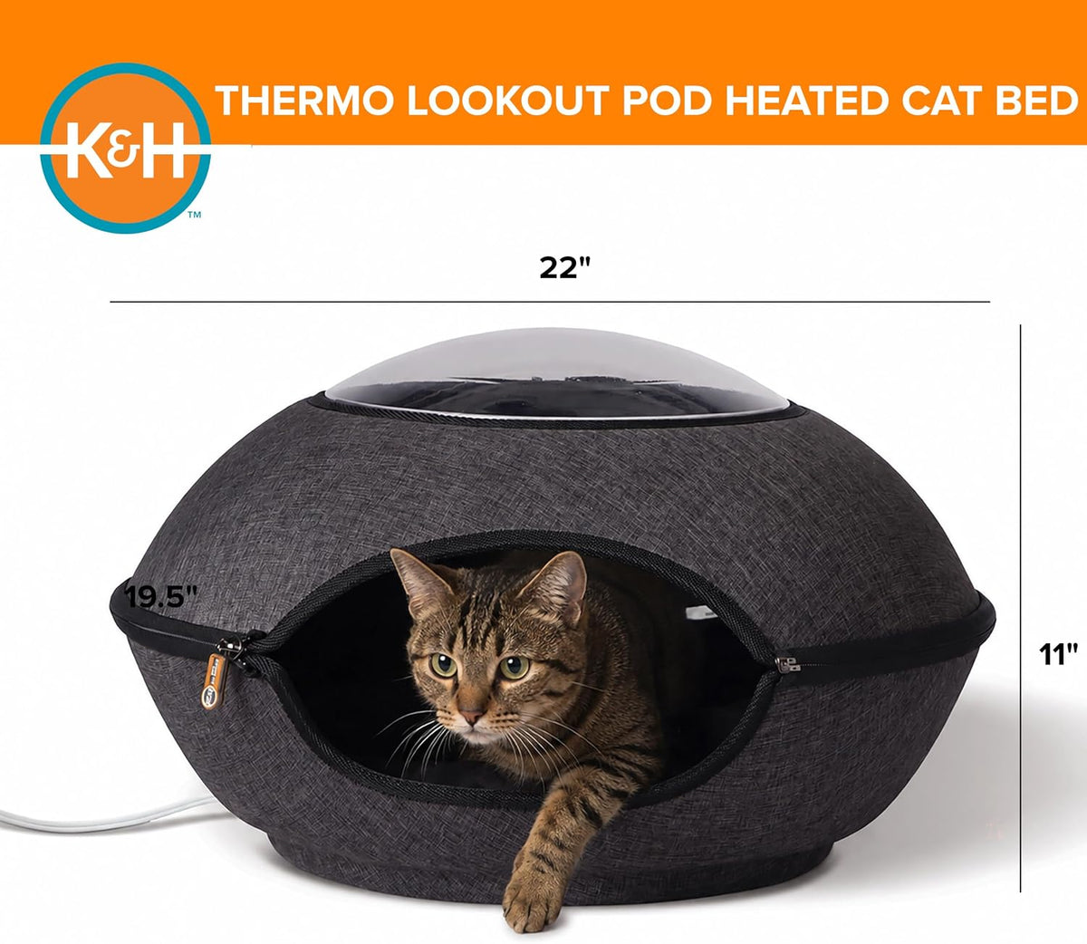 K&H Heated Cat Bed, Thermo Lookout Pod Indoor, Safety Listed, 22in 4W