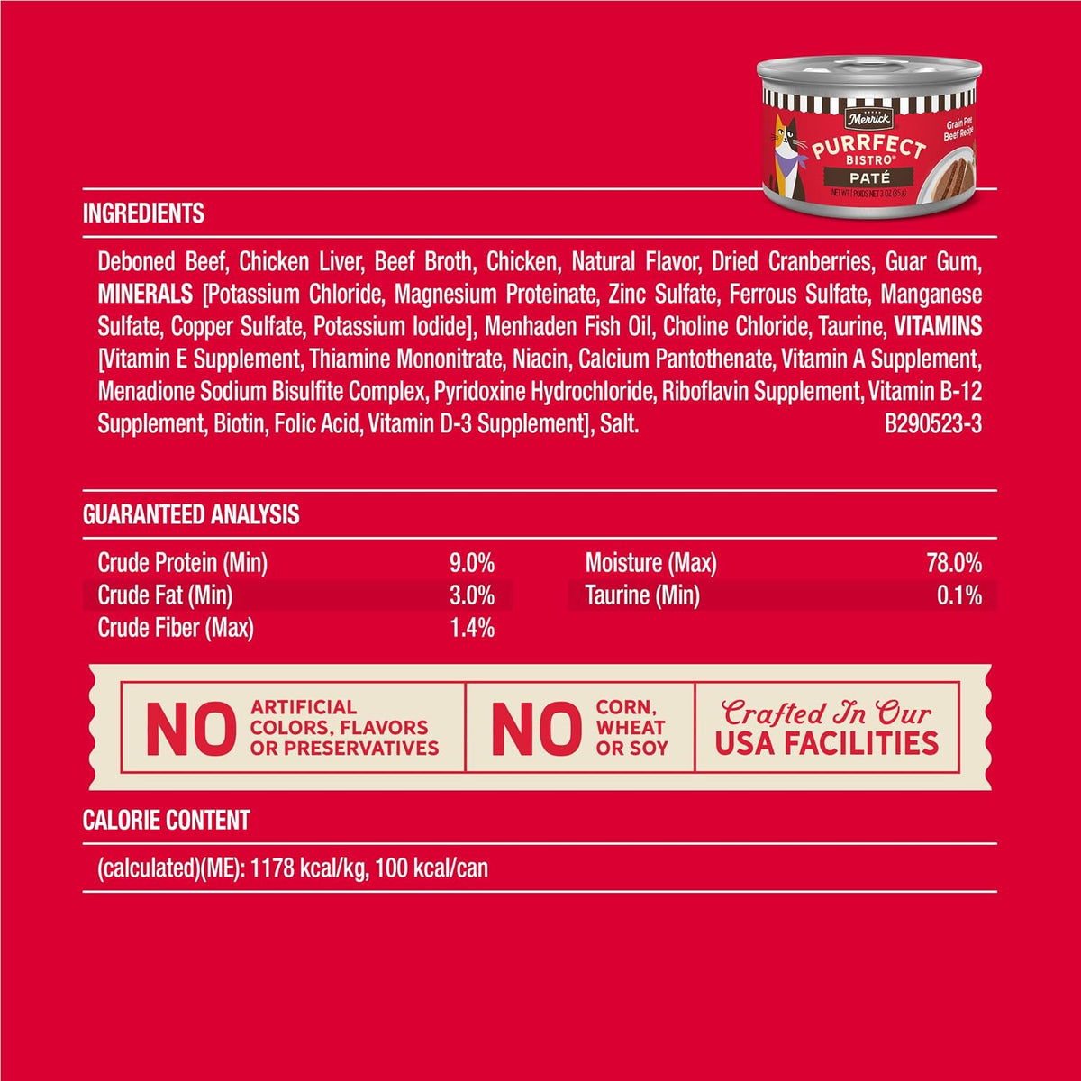 Merrick Purrfect Bistro Beef Pate Wet Cat Food, 3 oz Cans, Pack of 24