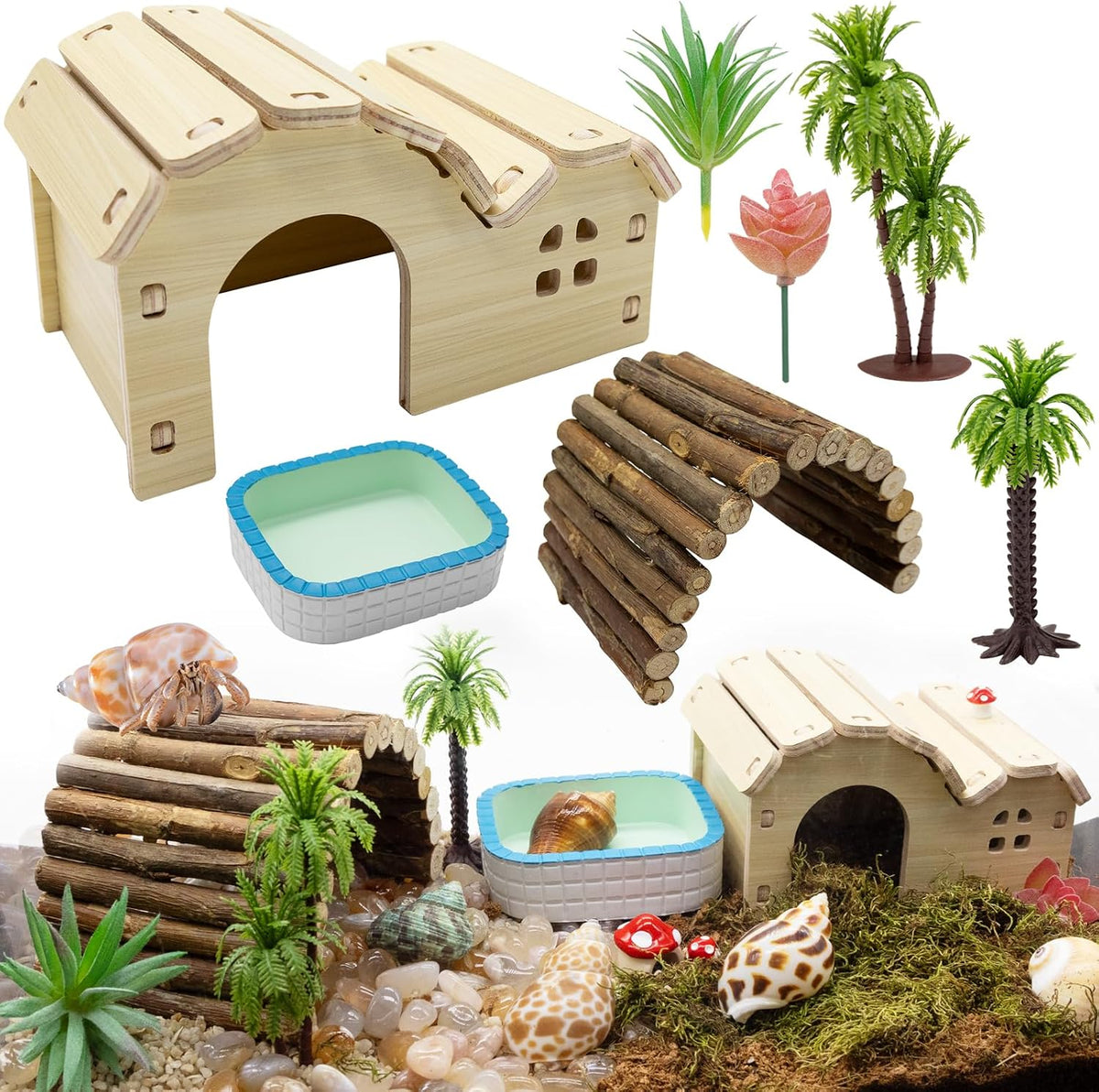 Hermit Crab Kit Hideout Water Pool Tank Decorative Accessories with Palm Tree Decorations Enrichment Toy for Turtles Lizard Frog Gecko Chameleons