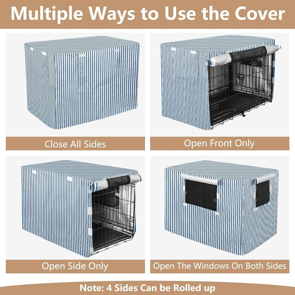 Blue White Stripes Dog Crate Cover 600D Oxford Heavy Duty Kennel Cover Mesh Window Soundproof Waterproof Sunshade Universal Fit for 30 inches Wire Cage