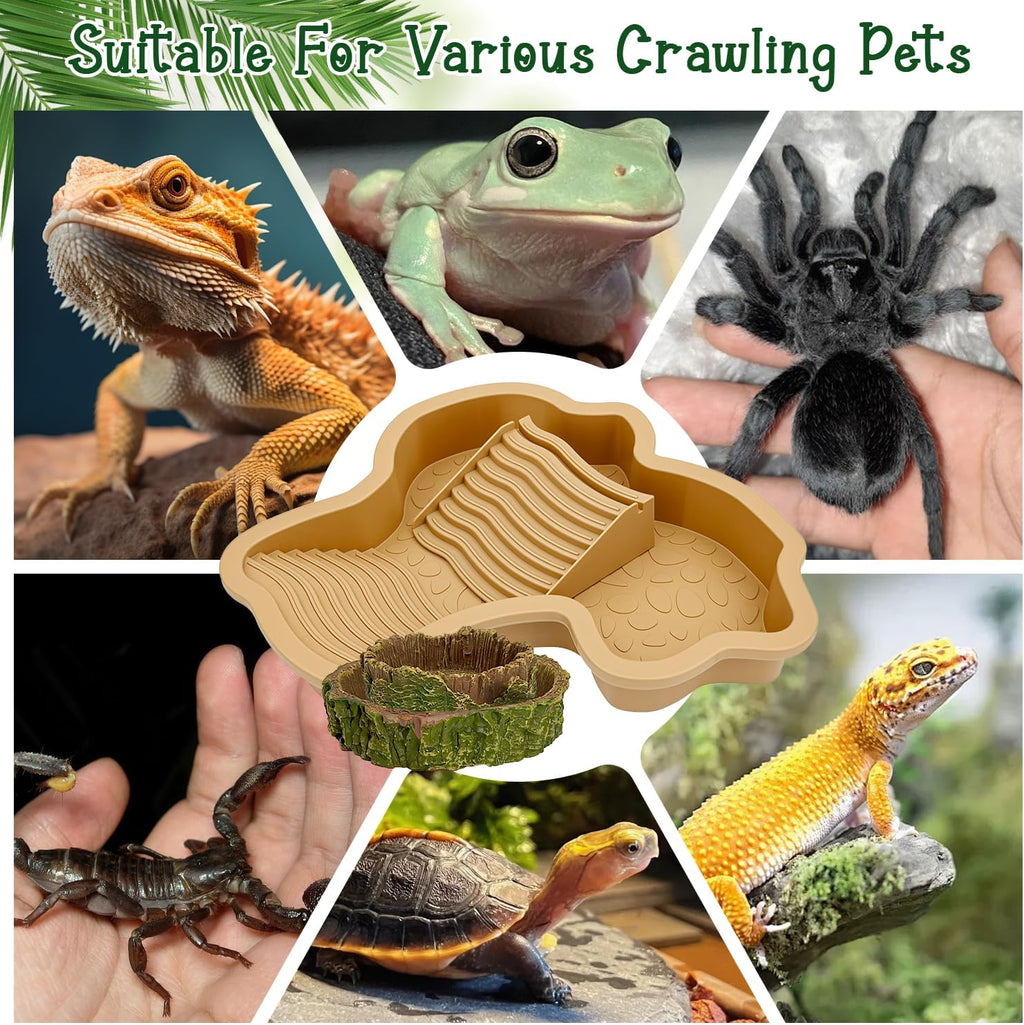 3PCS Tortoise Habitat Accessories, Creature Bathing Pool with Ramp & Basking Area, 2PCS Simulation Tree Stump Feeding Dish for Turtle Gecko Frog Semi-Aquatic Species (Yellow)