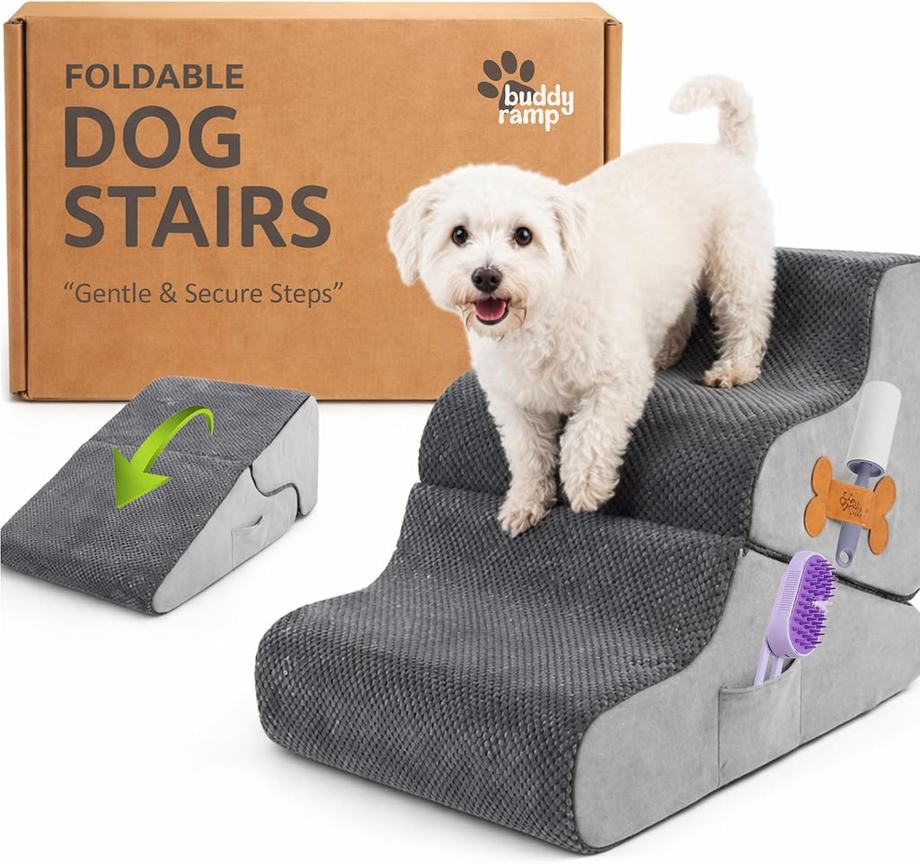 Dog Stairs for Bed & Couch – 2-in-1 Foldable Dog Stairs and Ramp (Gray (as Shown))