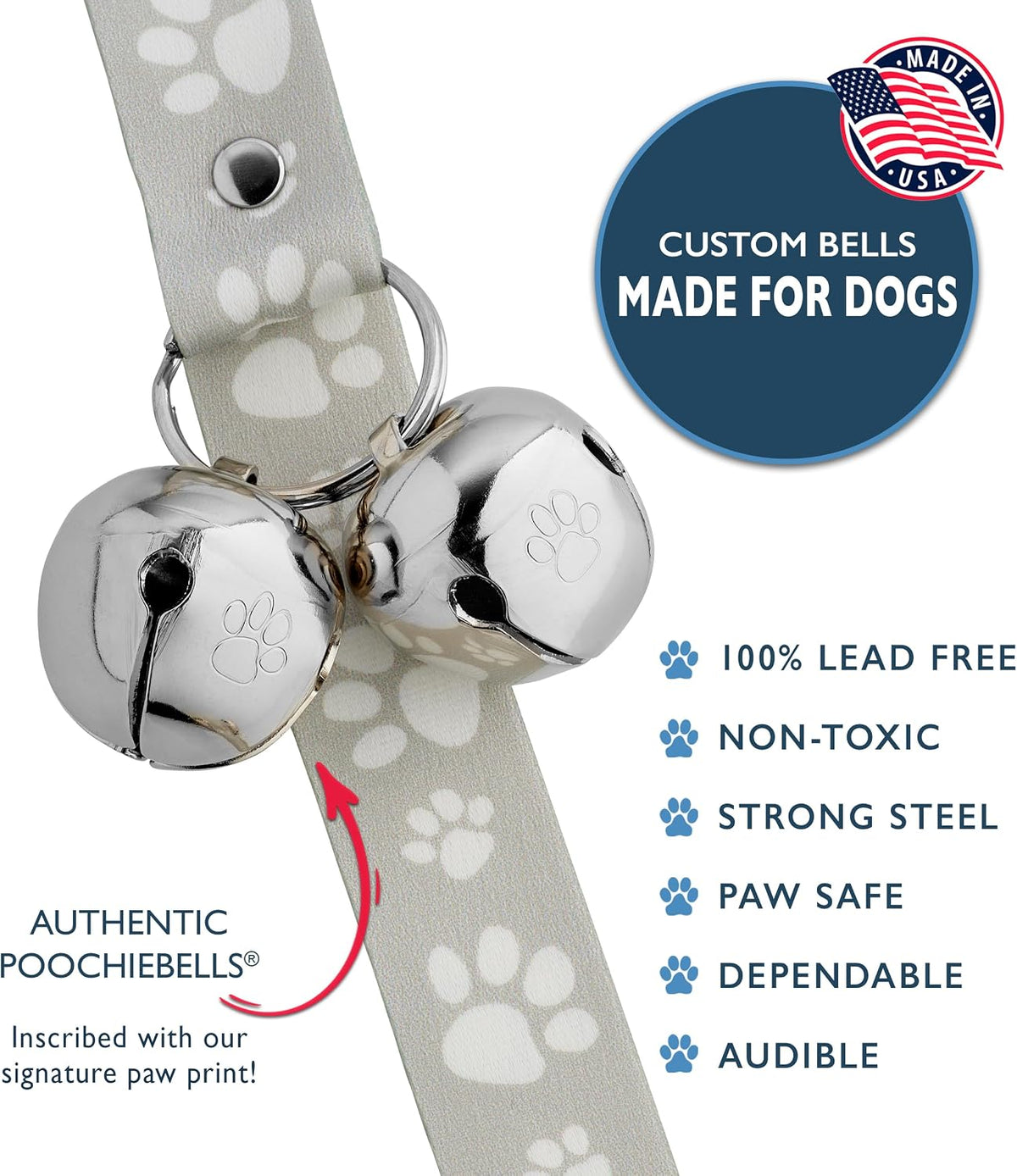 PoochieBells Dog Doorbell, Dog Potty Training Bells, Dog Safe USA-Made w/Perfect Sound,Dog Trainer Approved, Housetraining Made Easy & Quick, Sig Tracks Beige