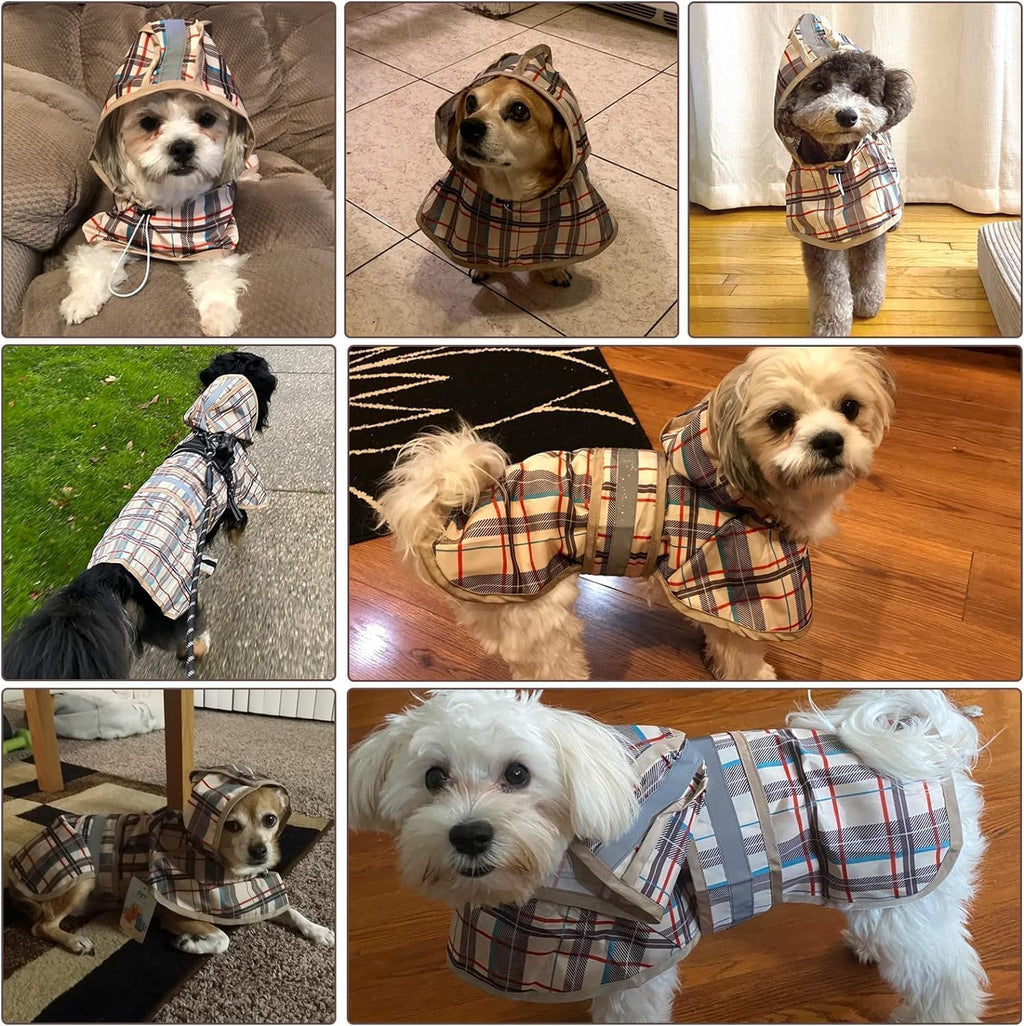 KOOLTAIL Dog Raincoat Hooded Slicker Poncho with Leash Hole, Raincoat for Small Medium Dogs, Waterproof Doggie Rain Jacket with Reflective Strip, Adjustable Breathable Plaid Puppy Rainwear-Beige XS