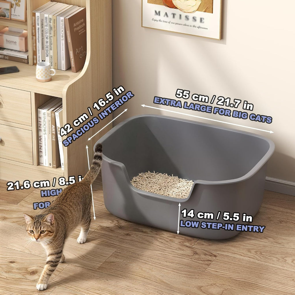 Large Open Cat Litter Box with High Sides, Anti-Splashing for Indoor Cats, Low Entry for Kittens & Elderly Cats, Spacious Litter Pan, Tool-Free Assembly(21.7” * 16.5” * 8.5” Grey)