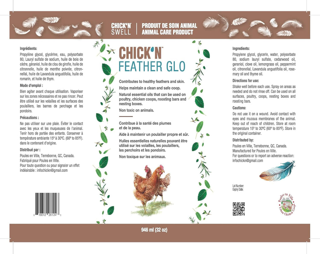 Poultry Feather and Plumage Care Formulation- Chick’n Feather Glo from Chick’n Swell to Enhance and Promote Strong Plumage in Poultry with Optimal Feathers Development. 32 Fluid oz.