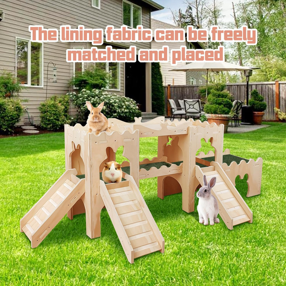 Extra Large Wooden Rabbit Castle Hideaway Tunnel and Bed Small Animal Hideaway Hut Solid Safe Construction Play Hideaway Hut for Rabbit Guinea Pig Chinchilla