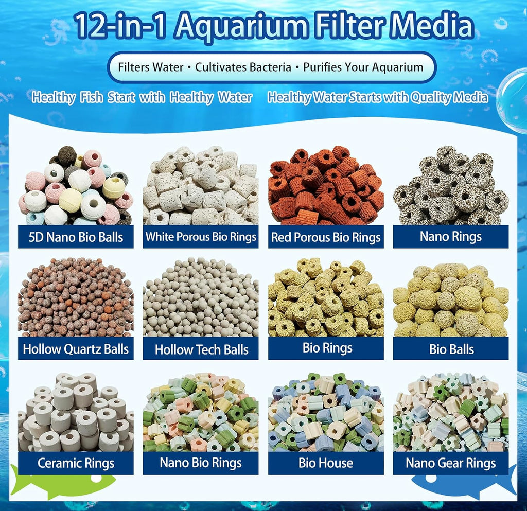 2lb 12-in-1 Bio Filter Media Kit - Bio Balls, Ceramic Rings for Aquarium