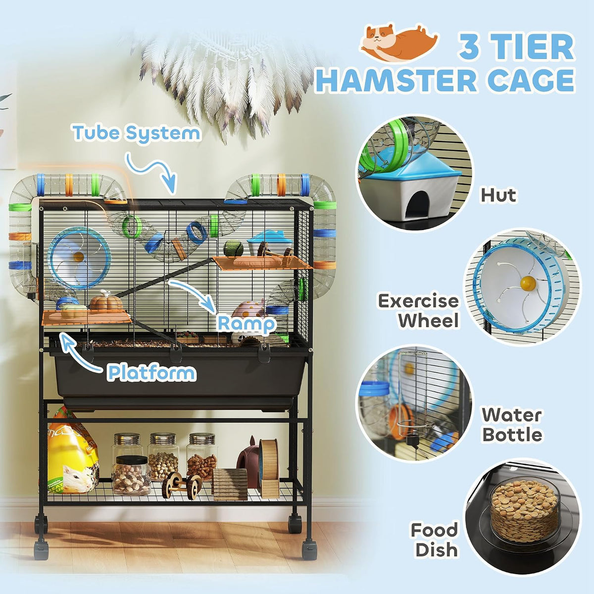PawHut Large Hamster Cage with Deep Tray, 3 Tier for Syrian Gerbil Mouse