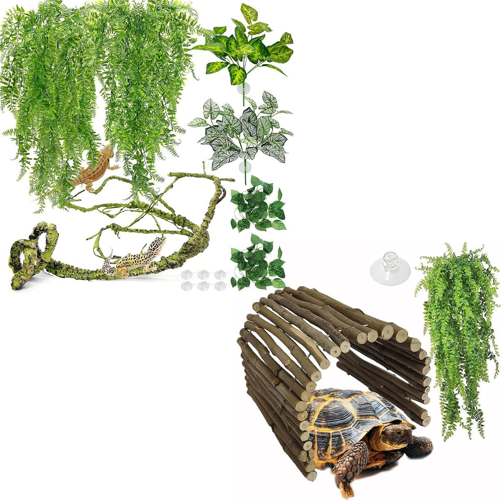 Hamiledyi 7 Pcs Reptile Plants Bendable Climbing Vines Terrarium Hanging Artificial Leaves and Extra Large Tortoise Hide Reptile Hiding Cave Turtle Hut for Adult Bearded Dragon Snake Chameleon
