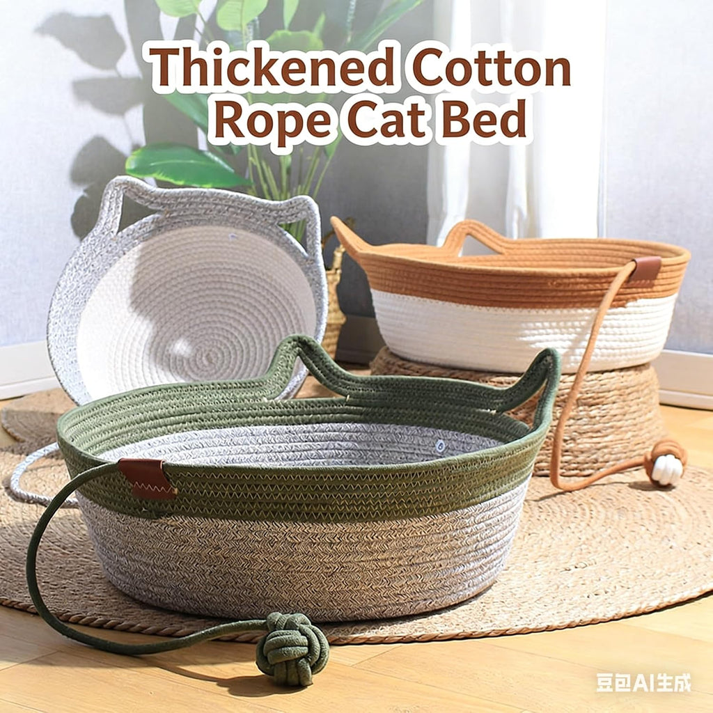 Instinct Basket for Cats & Cotton pad Stimuli Cat Bed with Toy Tail Cats Ear Design Breathable All Season Universal Scratch-Resistant (Grey, M)