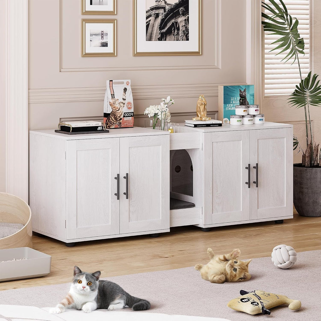 TrailBlaze Double Compartment Cat Litter Box Enclosure Cabinet for 2 Cats, Hidden Wooden Cat Washroom Furniture, Large Capacity Multi Purpose Side End Table & TV Stand for Living Room- Grey