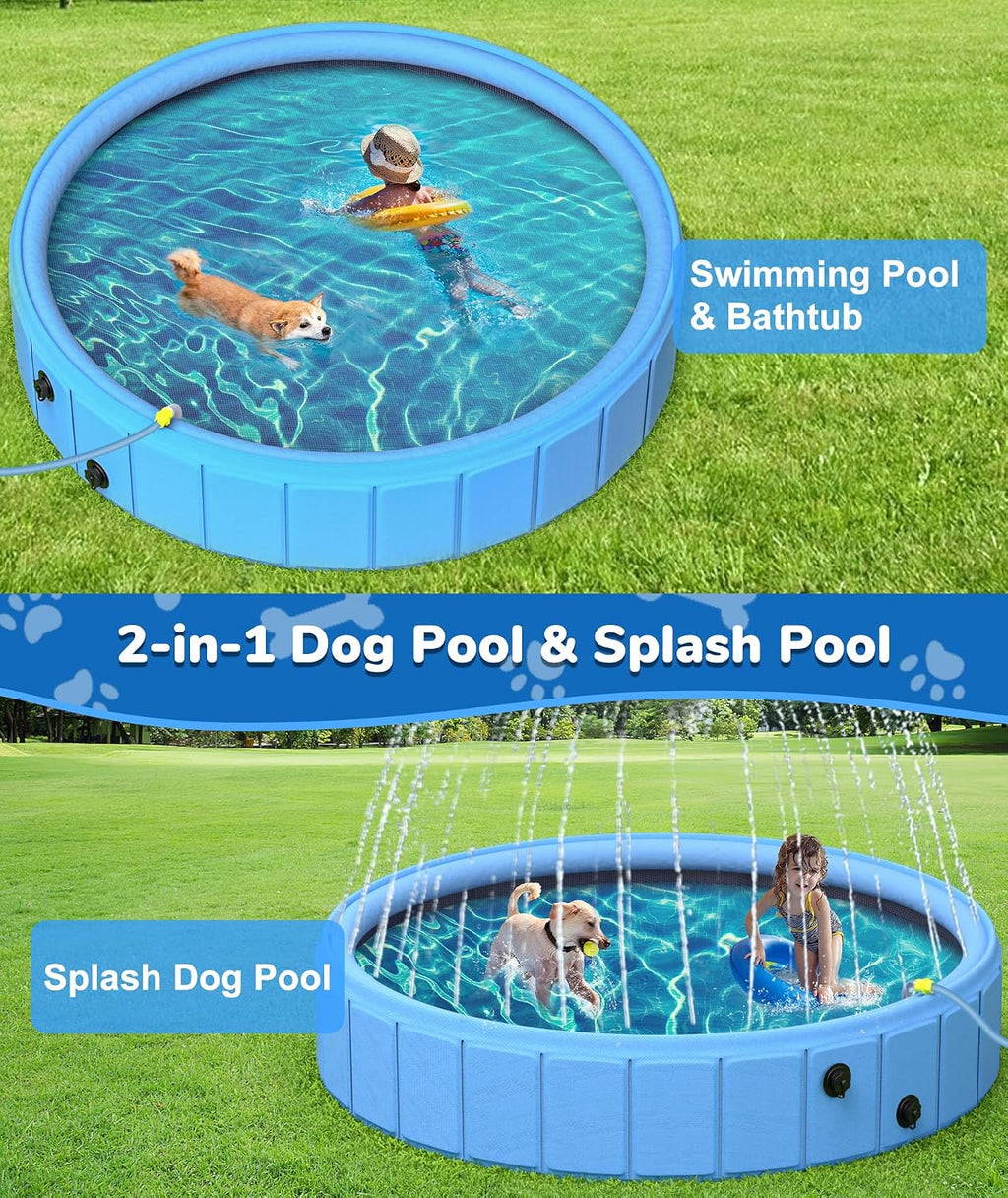EPN Large Foldable Dog Pool – Heavy Duty Portable 2-in-1 Pet Pool Bathtub & Dog Sprinkler Pool, 0.55MM PVC Non-Slip Bottom, Outdoor Summer Water Toy for Dogs, Cats, Kids (106'')