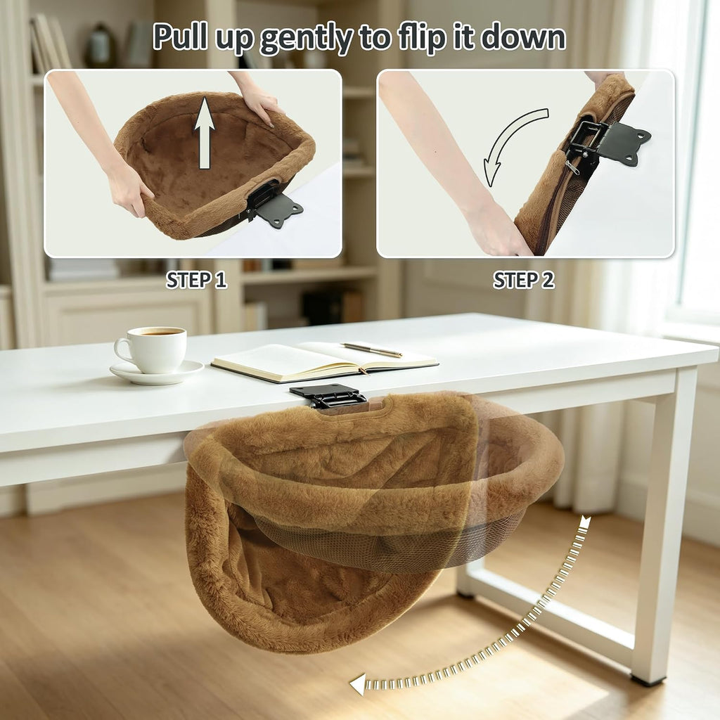 Desk Cat Bed, Hanging Under Desk Cat Hammock with Clip-On Mount, Soft Plush, Swivel Design