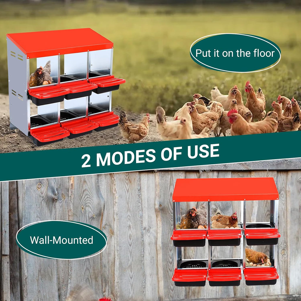 GarveeLife Nesting Boxes for Chickens, 6 Holes Chicken Nesting Boxes, Chicken Laying Box with Lid Cover, for Outdoor Chicken Coop Farm Yard, Red