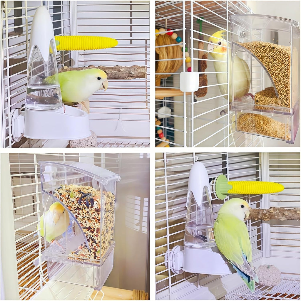 Automatic No Mess Bird Feeder and Water Dispenser Set, Acrylic Food Container and Drinker Bowl for Parrot Cage, Easy Clean Accessories for Parakeets Cockatiels Lovebirds and Other Small Pets