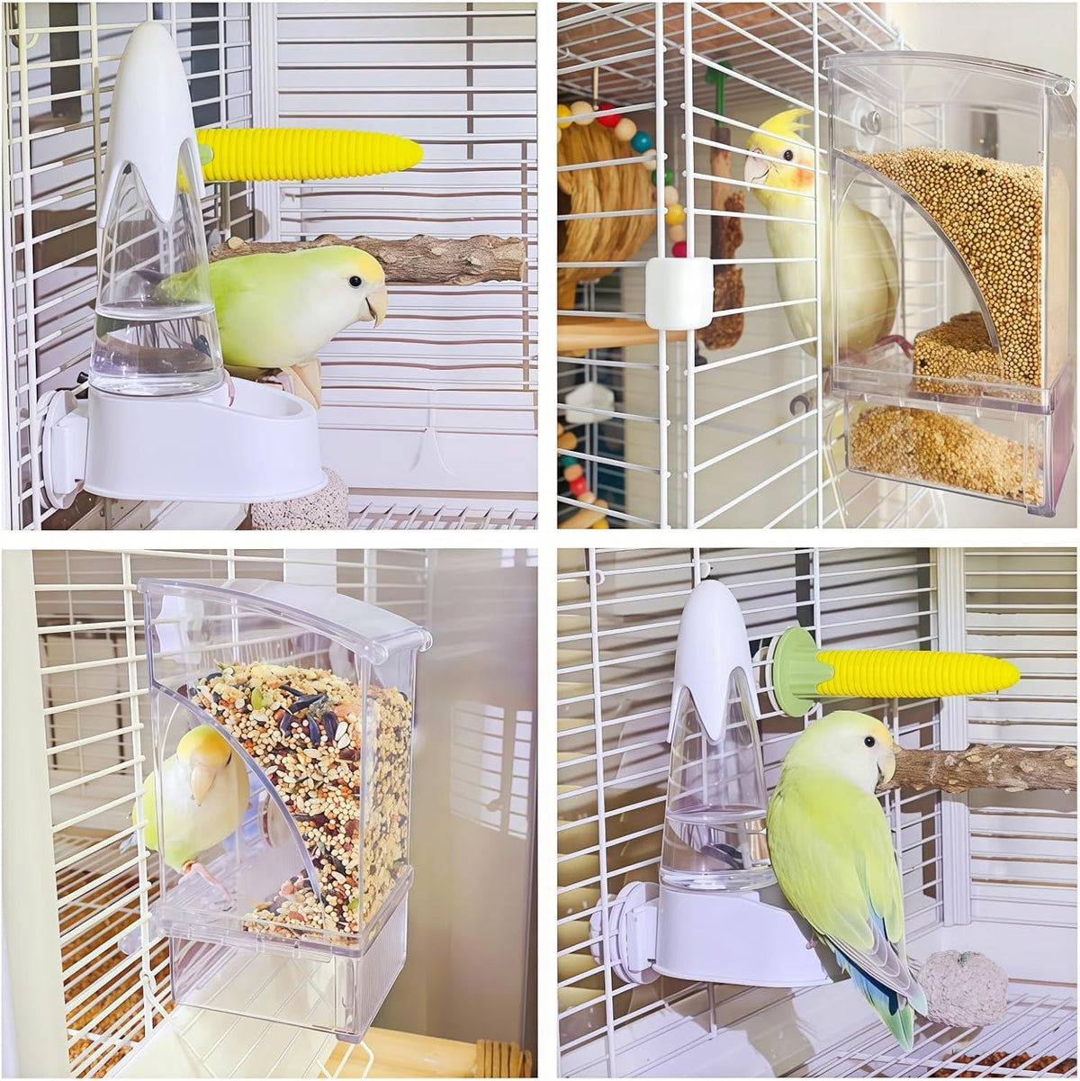 Automatic No Mess Bird Feeder and Water Dispenser Set, Acrylic Food Container and Drinker Bowl for Parrot Cage, Easy Clean Accessories for Parakeets Cockatiels Lovebirds and Other Small Pets