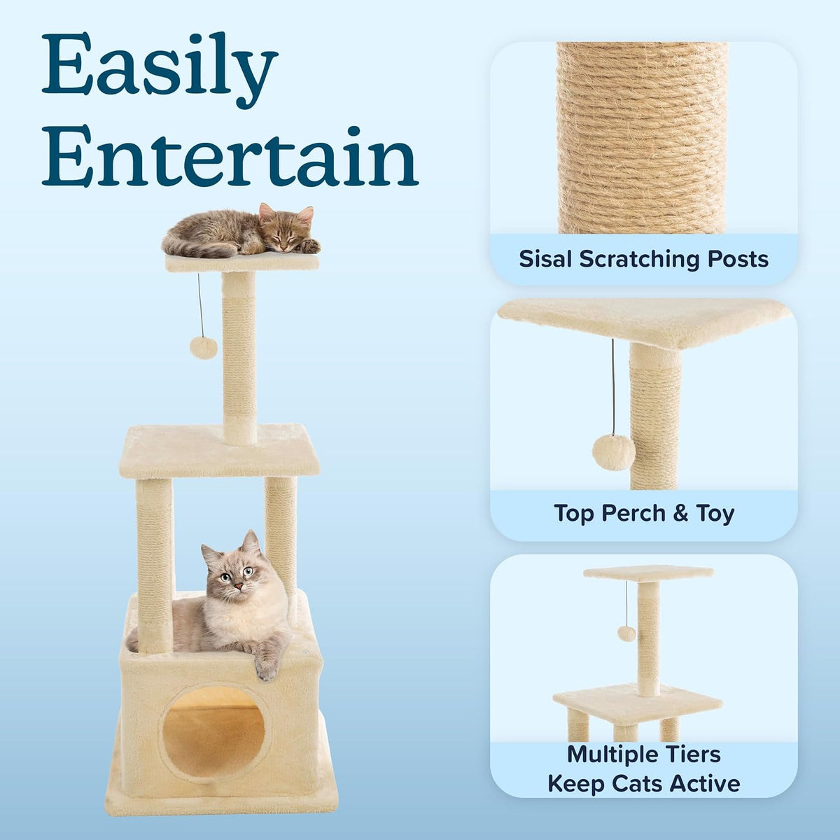 44 Inch Tall Cat Tree Tower - Cat Tower with Napping Perches, Kitten Condo, 4 Rope Scratching Posts, and Hanging Toy - Multi-Level Kitten Tree and Climbing Activity Furniture by PETMAKER (Beige)