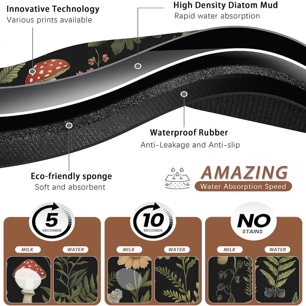 Red Mushroom Pet Feeding Mat,Fern Herb Butterfly Absorbent Quick-Dry Cat Dog Food and Water Bowl Mats,Non-Slip Rubber Backing Mat,Cat Dog Accessories Supplies 16"x24"